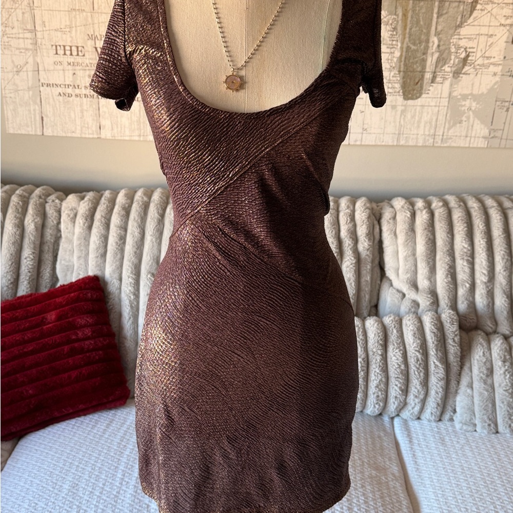 Free People Metallic‎ Bodycon Mini Dress XS Brown Bronze Short Sleeve Scoop Neck - Picture 2 of 7